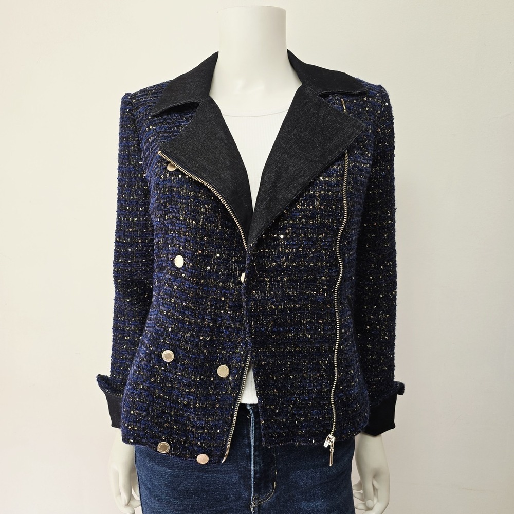 White House Black Market Blazer Jacket Navy Sequins Tweed Moto Denim Size 6 Zip